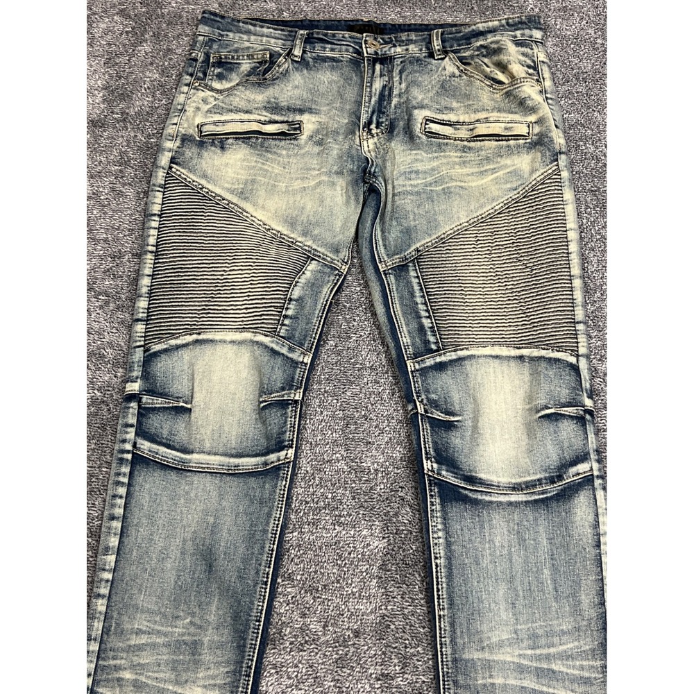 Mad Blue Mens Moto Biker Jeans Light Wash Distressed Ribbed Knee Denim Size 36